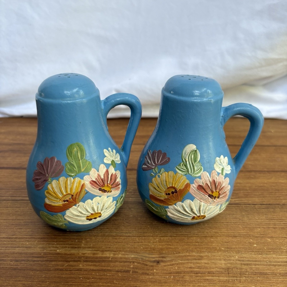 Vintage Ransburg Pottery Blue Floral Hand Painted Salt Pepper Shakers MCM